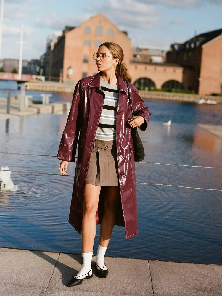 

Solid Leather Overcoat Women Fashion Red Lapel Single Breasted Pocket Loose Jacket 2025 New Autumn Lady High Street Outerwear