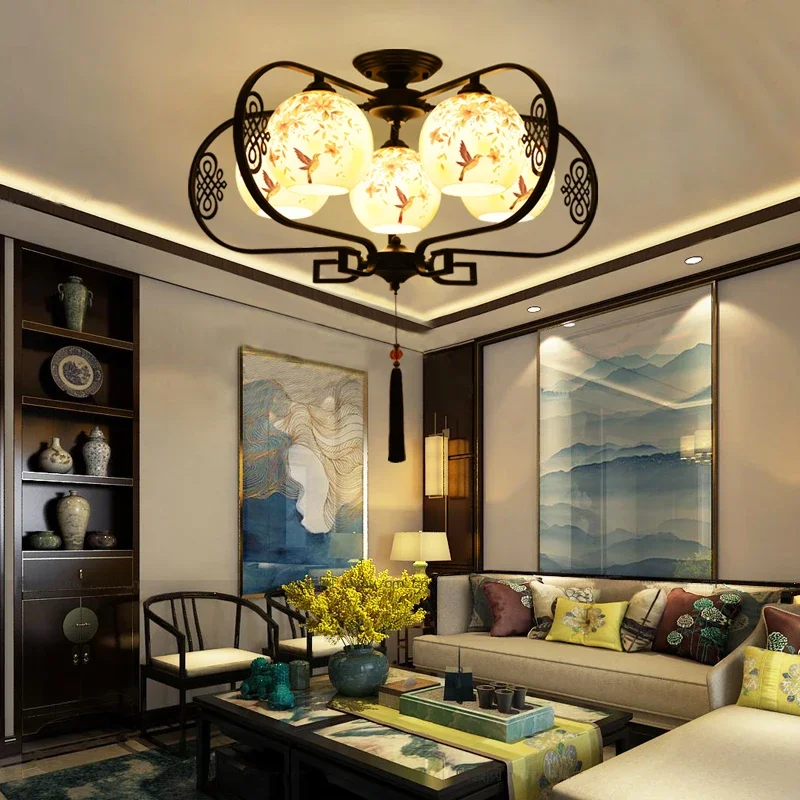 

New Chinese painting ceramic ceiling lamp living room dining room bedroom retro Chinese creative led Chandelier