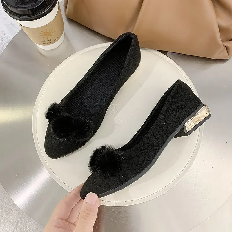 Women's Mary Jane Shoes Fur Ball Shoes Ladies Faux Suede Flats Women 2026 Pointed Toe Ballerina Femme Dress Office Loafers Comfy view 4