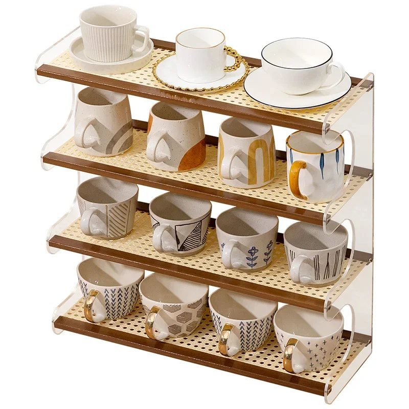 Water cup storage rack, desktop cup holder imitation rattan tea set