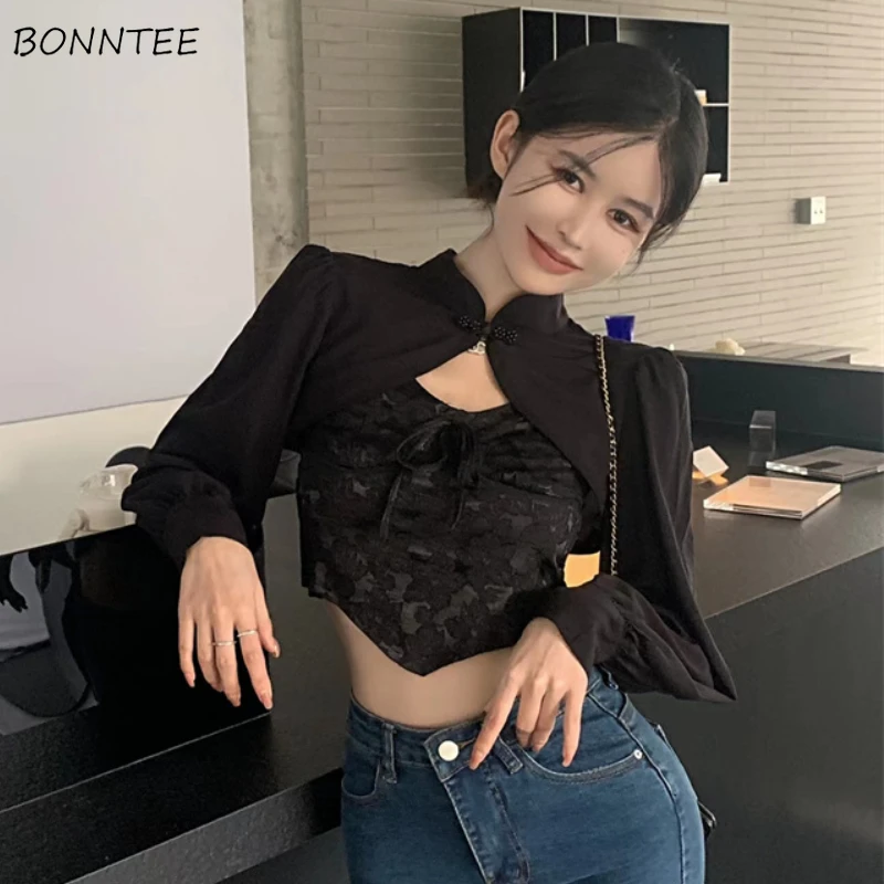 Cropped Blouses Women Elegant Aesthetic Chinese Style Temper Tradition Ladies Stand Collar Designer Luxury Minimalist All-match