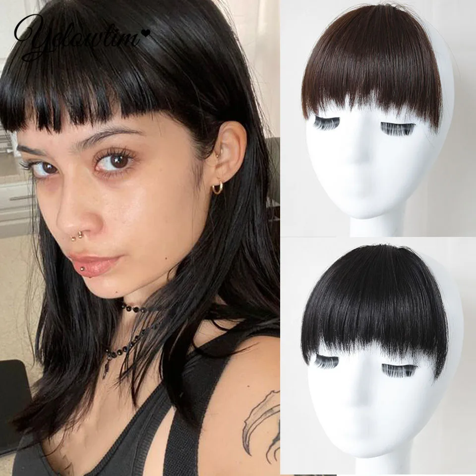 YELOWTIM Short Striaght Neat Bangs Clip In Synthetic Hair Extensions Front False Fringe Hair Piece Black Brown