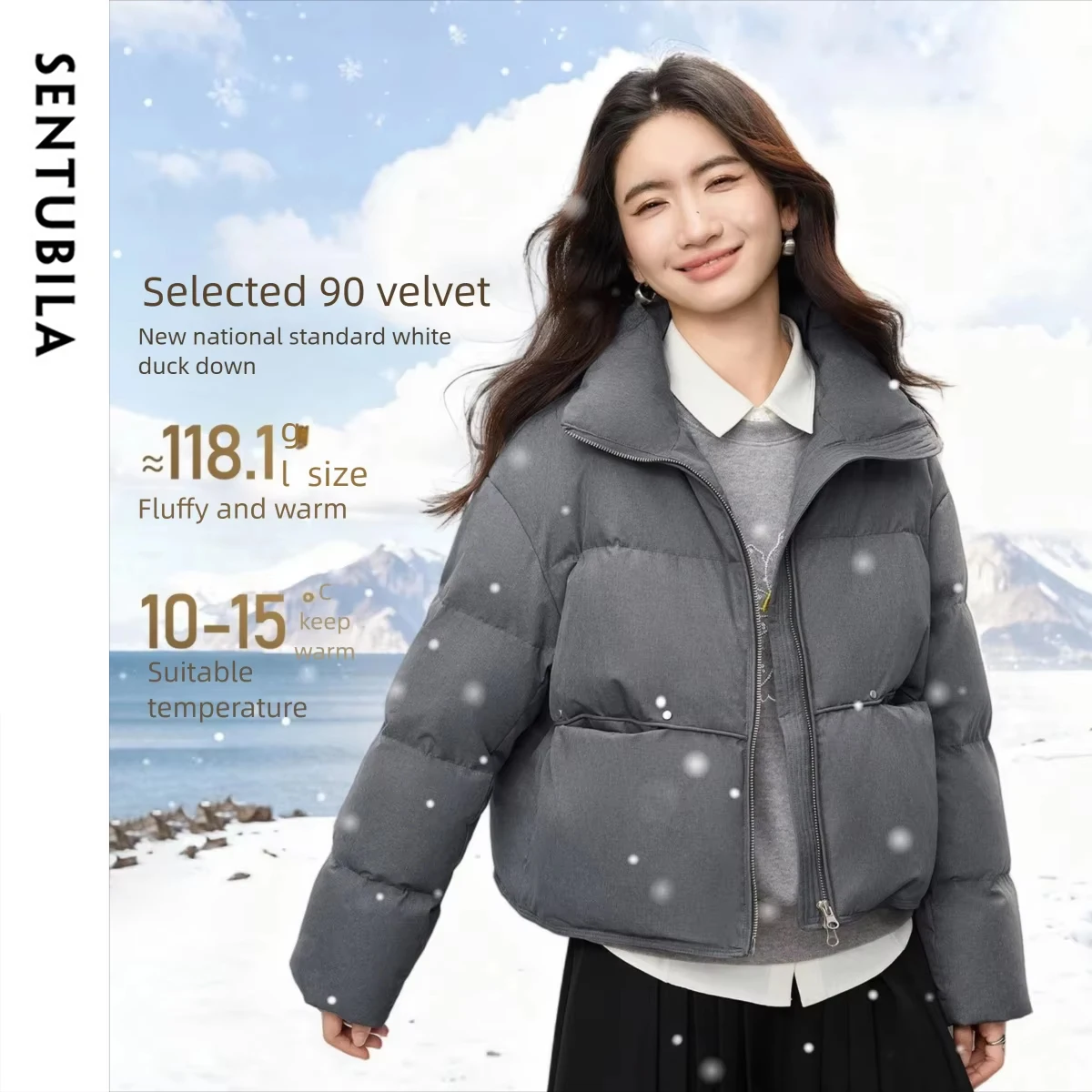 SENTUBILA Women's Down Jacket 2025 Winter Stand Collar Short Down Coats Double-Zipper Pockets Outerwear Female Clothes W54YC2653