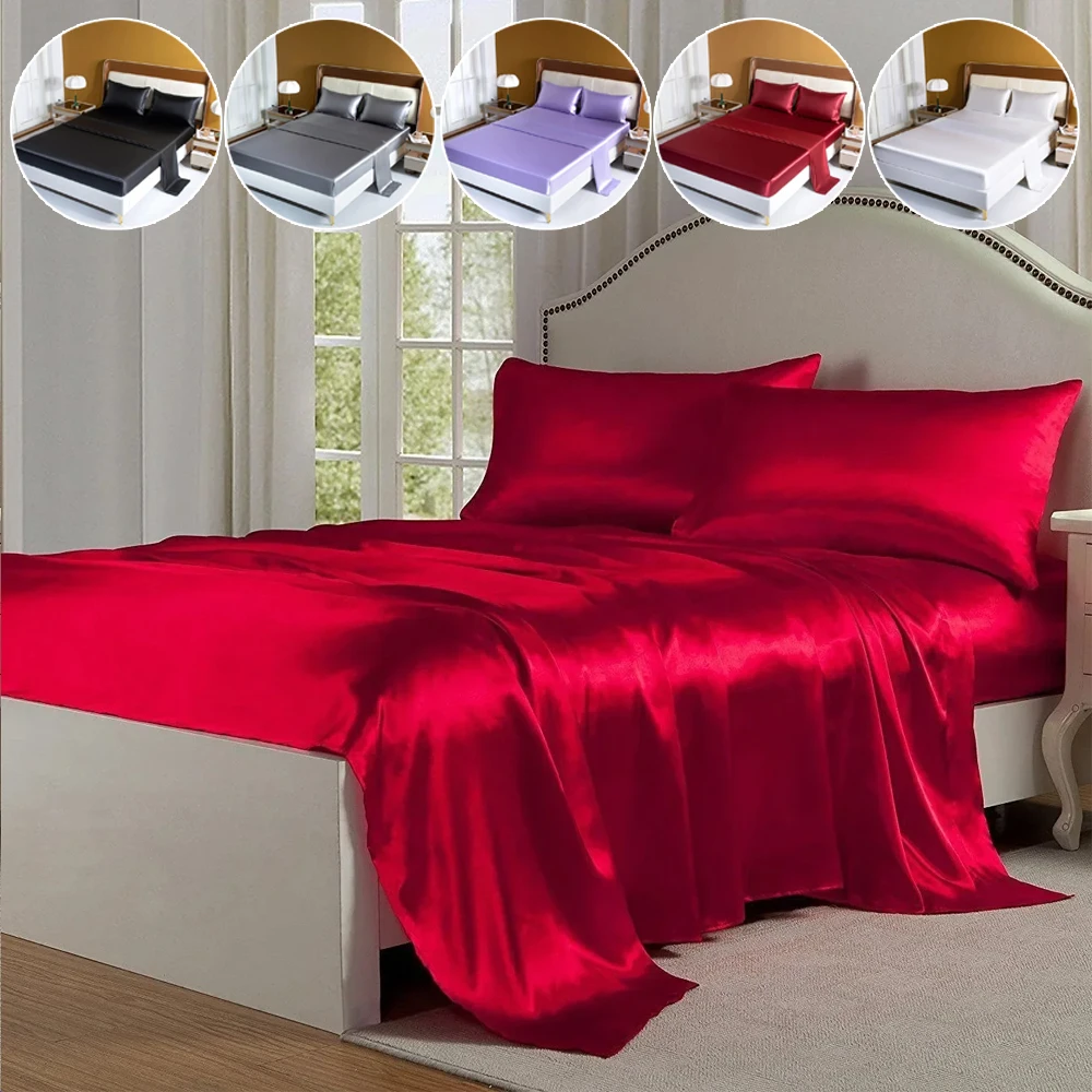 

3/4PCS Luxury Satin Bedding Set Soft Comfortable Solid Color Flat Sheet High-End Bedding Satin Silk Bed Sheet Bedroom Decor 침구류