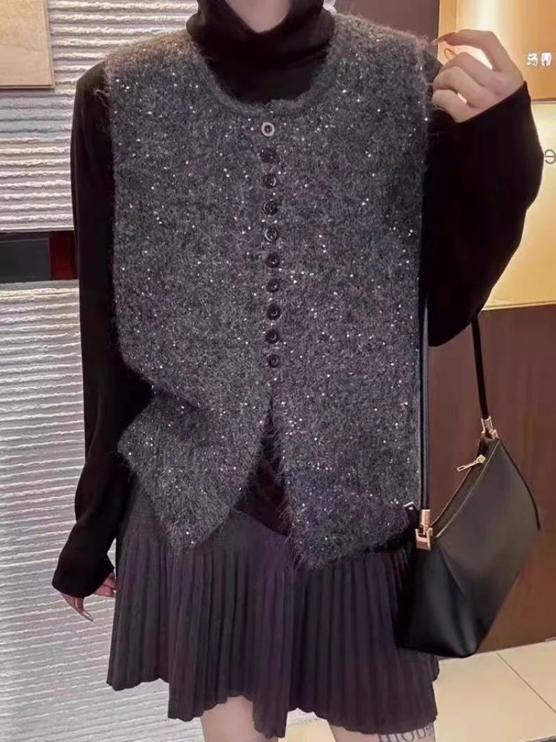 

Korean Style Design Sequins Single Breasted Sleeveless Vest Women's Spring & Autumn Fashion Loose Fitting Waiscoat Jacket W205