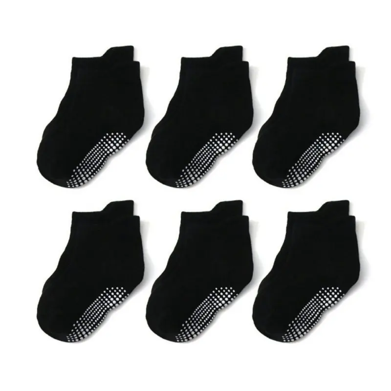 6 Pairs/lot Children\'s Socks For Boys Girl Black White Cotton Anti-slip Boat Floor Kid Sock With Rubber Grips Four Season 0-7Y