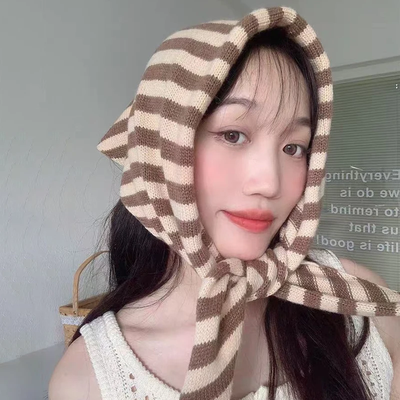 Autumn And Winter Warm Knitted Striped Headscarf Women's Neck Protection Triangle Scarf