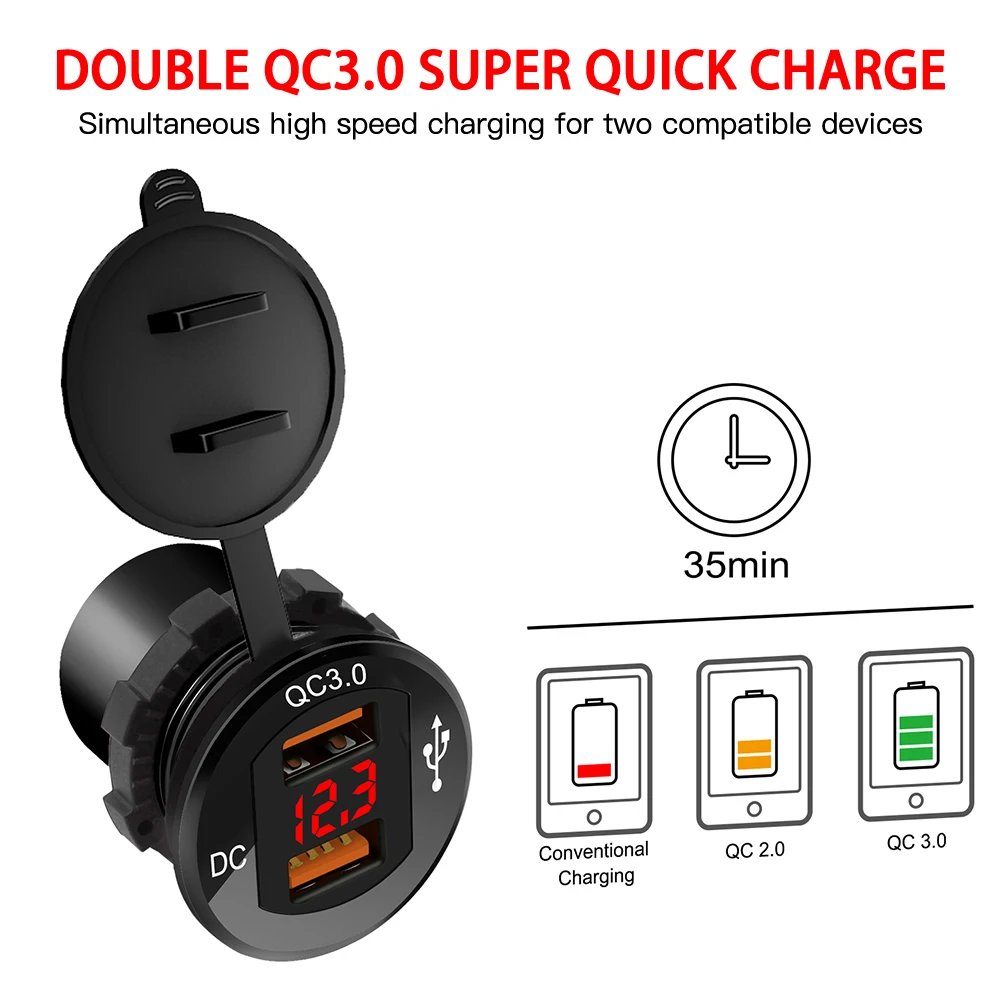 Car Charger Aluminum Alloy Fast Charger QC 3.0 Dual USB with Voltmeter Charger + 60cm Line Adapter Mobile Fast Charger