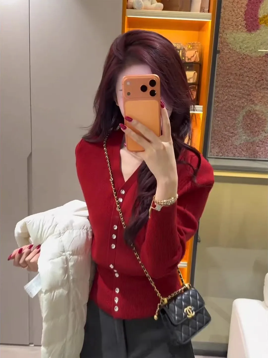 

Red V-Ne Knitted Open Cardigan Women's Spring Autumn Chic Base Layer Top Korean Sle Long Sve Soft Knitwear