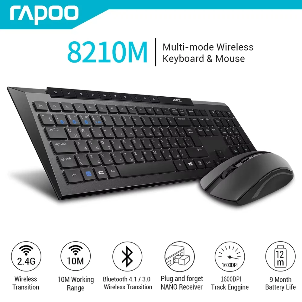 Rapoo 8210M Multiple Mode Wireless Keyboard and Mouse Set Russian Keyboard Optical High Definition Tracking Engine 1600DPI Mouse