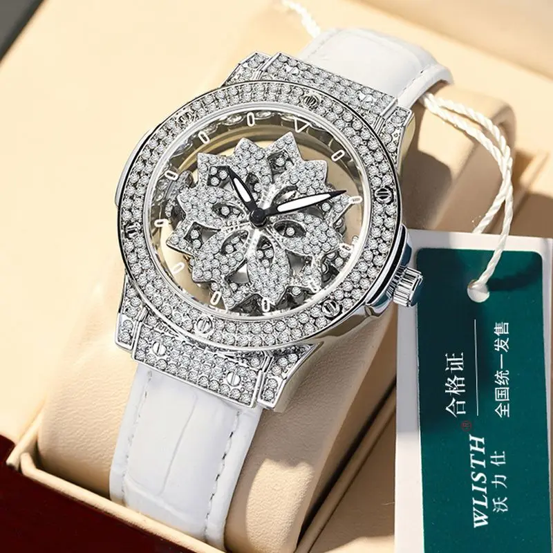 Fashion *Star Design Women’s Watch Large Dial Waterproof Hollow Snowflake Rotating Ladies Wristwatch