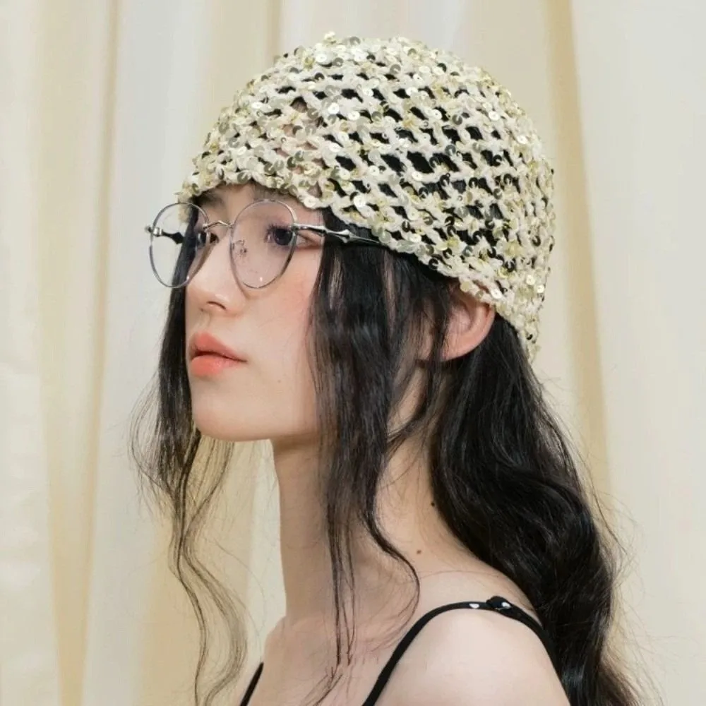 

Fashion Vintage Sequin Woven Cap Y2k Hollow Sequin Bucket Hat Knit Thin Beanie Hats Summer