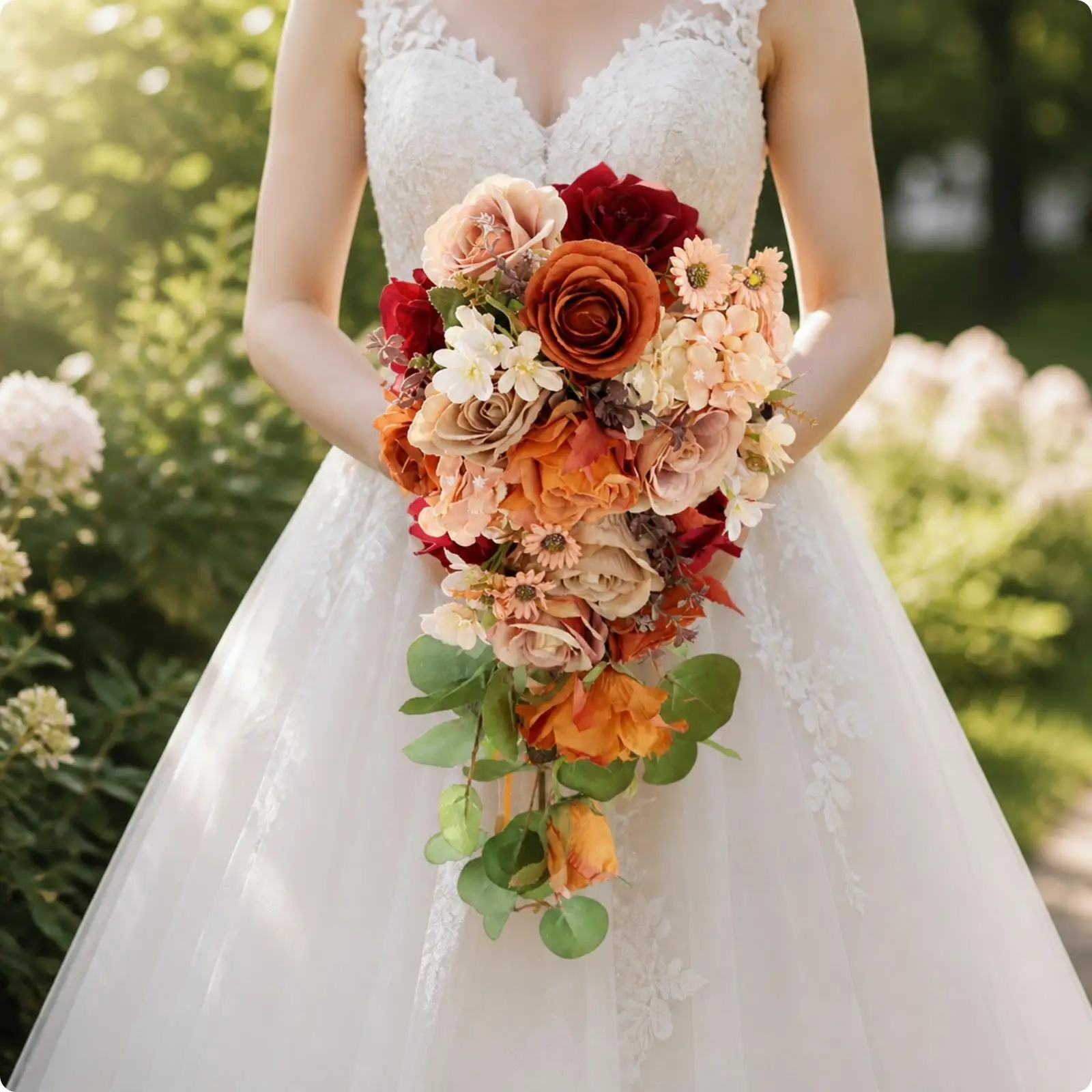 Faux Silk Flower Bridal Bouquet Teardrop Cascade Hand Held for Wedding Bride Ceremony Reception Table Centerpiece