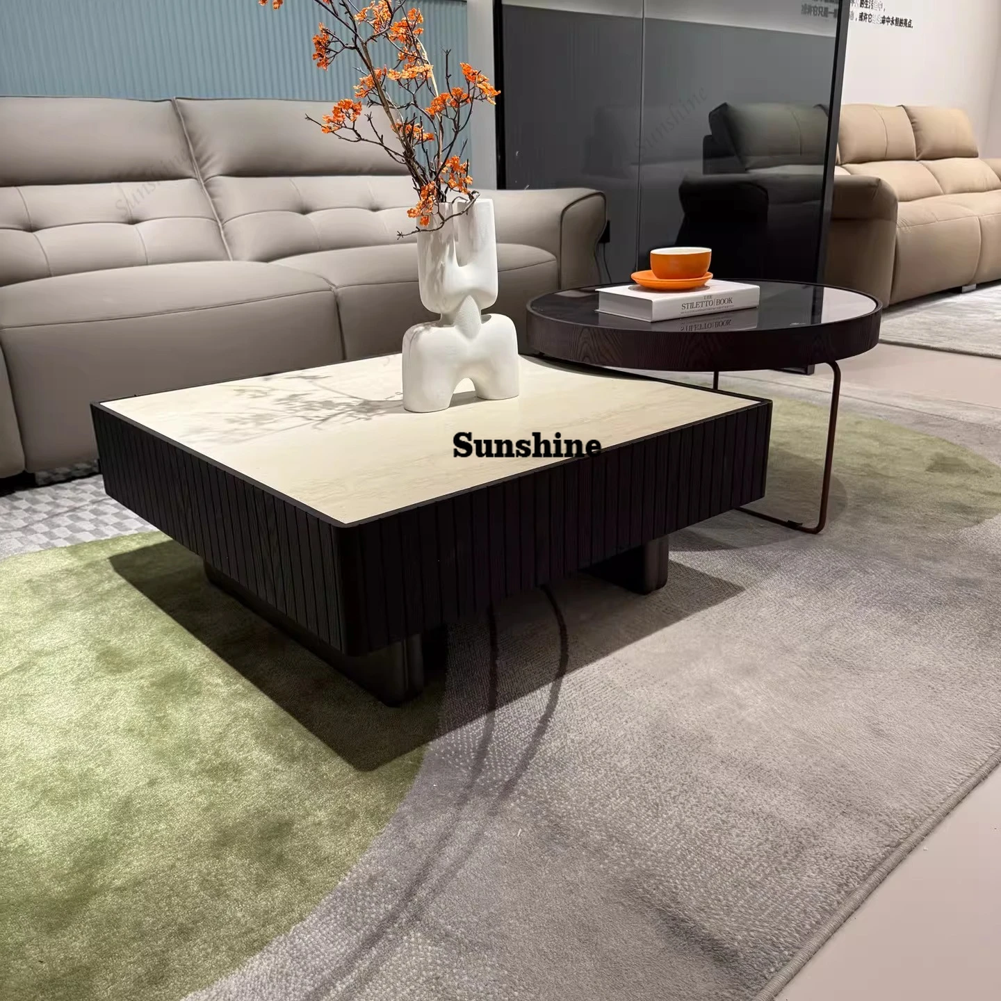 

Modern simple travertine rock slab coffee table combination Italian living room household square coffee table