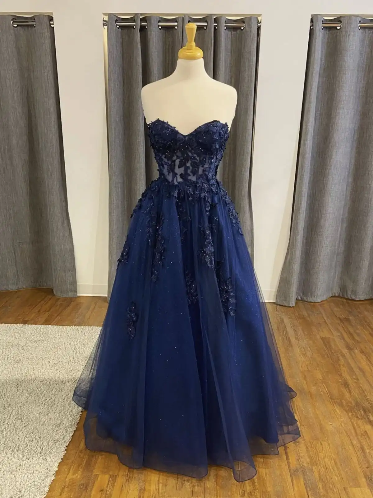 Navy Blue Evening Dresses Tulle Lace Applique Rhoenstone Strapless Sweetheart A Line Long Floor Length Prom Gowns Custom made