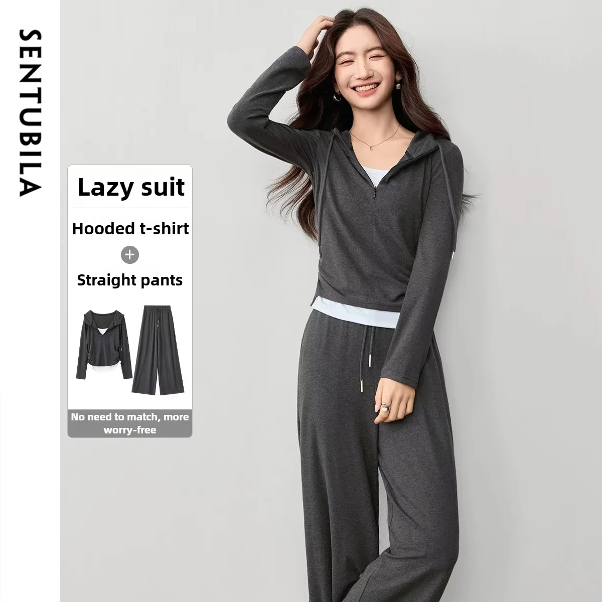

SENTUBILA Women's Two-Piece Set 2025 Autumn Contrast Color Hooded V-Neck Top & Drawstring Pants Office Commuter Outfit 153ZF2836