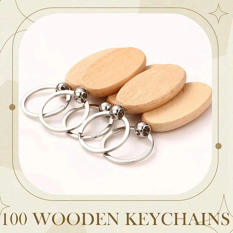 100PCS Wooden Keychain Blanks Wood Key Chain Bulk Unfinished Wooden Engraving Key Tag Ring For DIY Gift Crafts