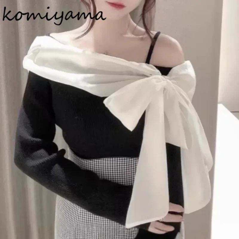 Slash Neck Off Shoulder Sweater Lace Up Bow Woman 2025 Outerwears Long Sleeve Pullovers  Knit Ropa Mujer Japan New Clothes