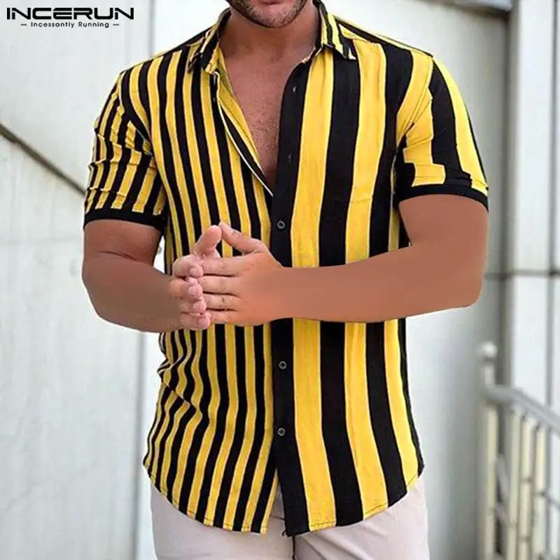 

INCERUN Tops 2024 American Style Men's Striped Patchwork Design Shirts Casual Vacation Hot Sale Short Sleeved Lapel Blouse S-5XL