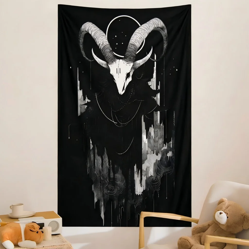 Black White Goat Skull Tapestry Moon Star Gothic Dark Witchy Aesthetic Mystic Mountain Bedroom Dorm Background Decor Cloth Gift