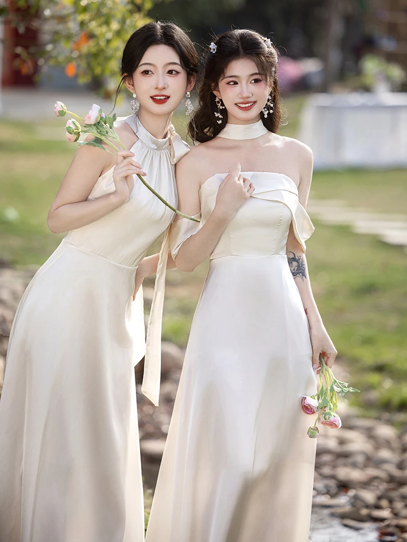 Bridesmaid Gown Champagne Satin Sister's Dr 2025 New Korean Sle Wedding Best Friend Outfit Beautiful Usual Wear