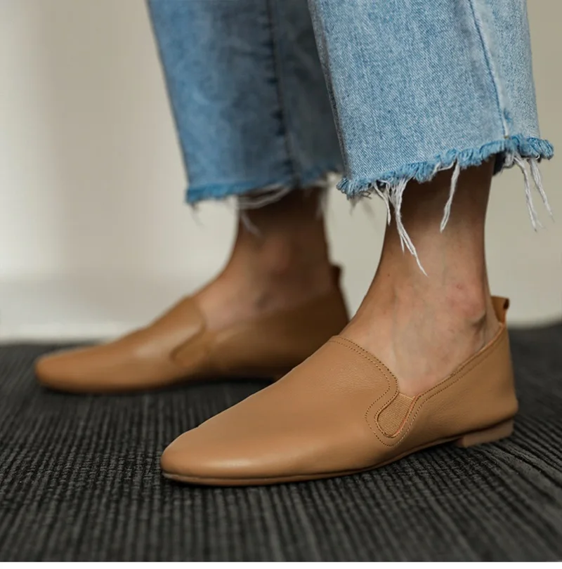 2022 Soft Genuine Leather Round Toe Flats Slip On Women Loafers Simple Style Daily Shoes Lady Mules Spring Autumn Women Flats