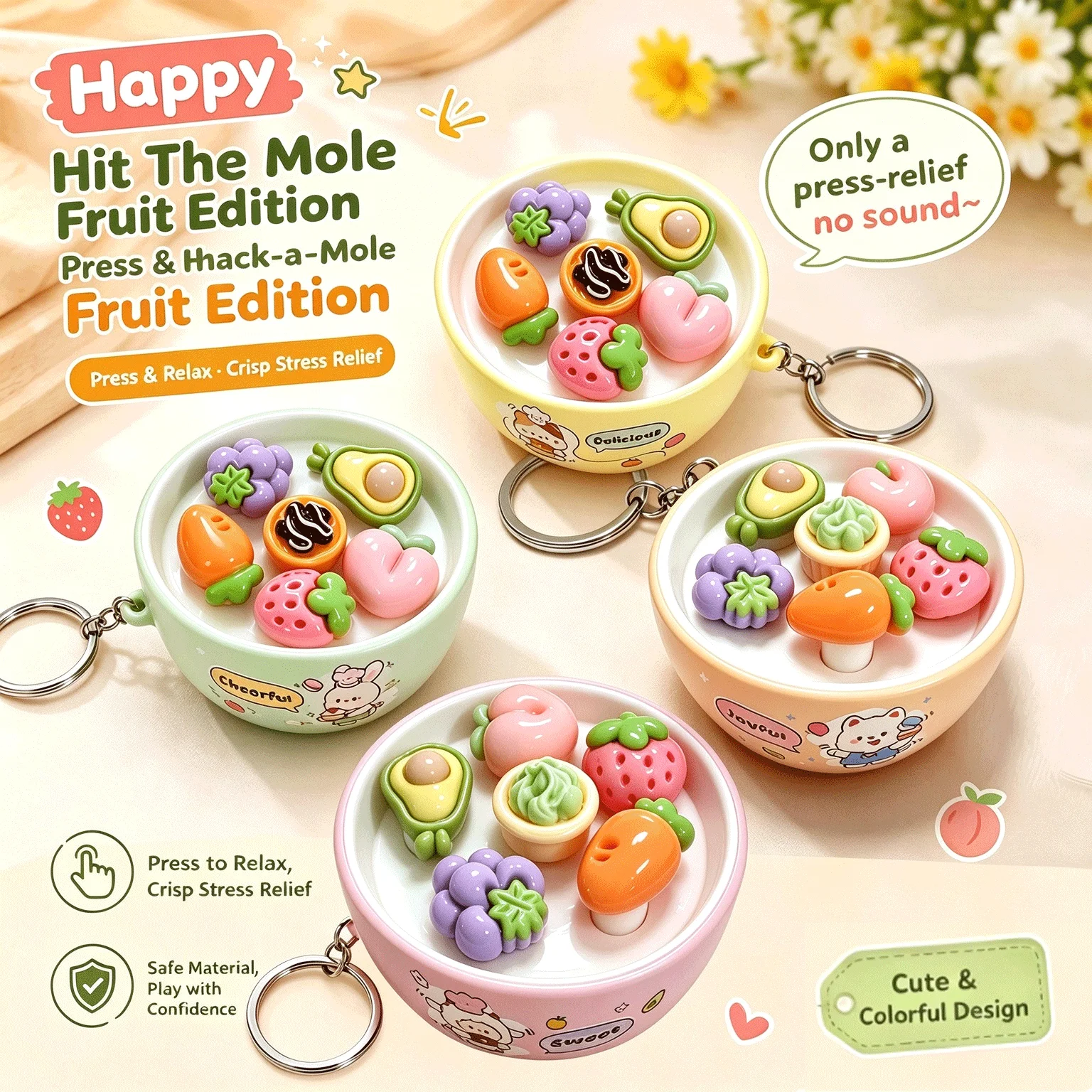 Portable Hammer Mole Game Keychain Finger Press Rebound Stress Relief Fidget Toy,Cute Donut Fruit Bread Pendant Decor Gift Toys