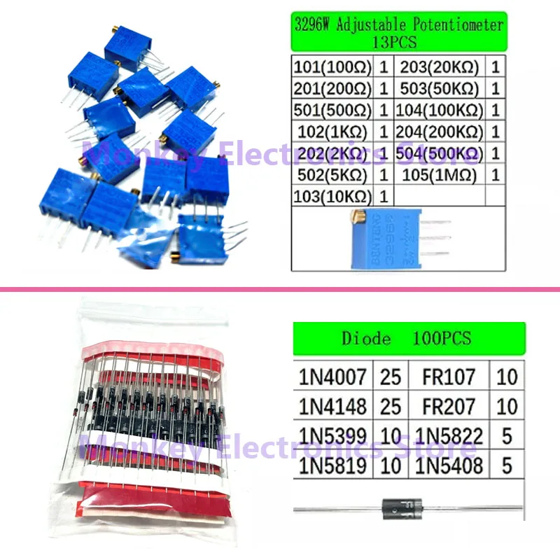 1818PCS Electronic Components Kit Monolithic Capacitor 3296w RM063 Adjustable Capacitor to-220 Transistor LED Diodes Resistors