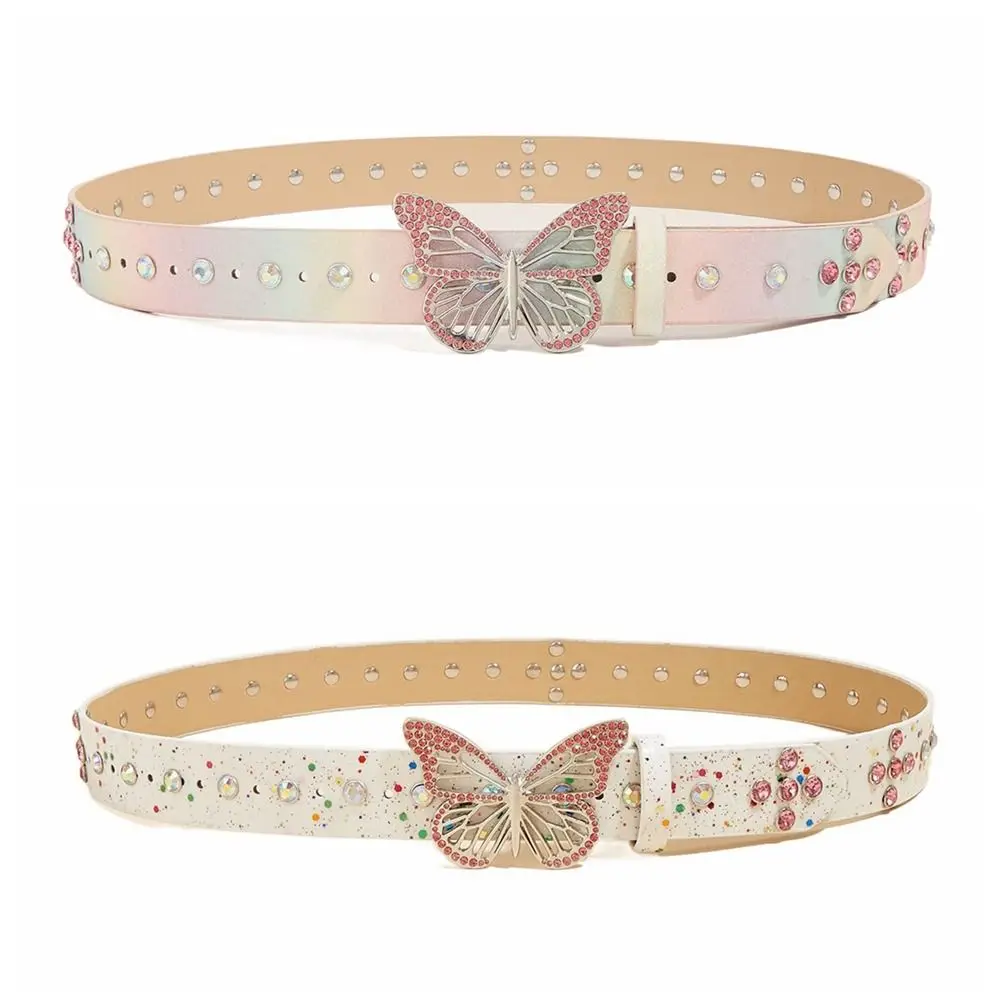 Adjustable Butterfly Rhinestone Belt Hollow Wide Side Butterfly Waistbands Y2k Korean Style PU Leather Waist Belt
