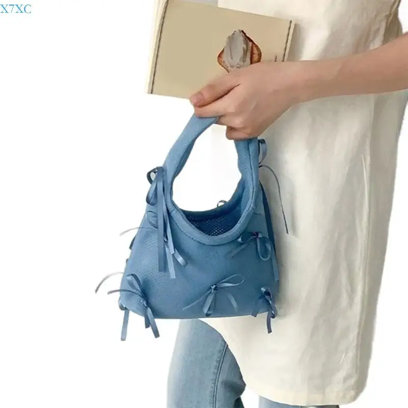 

X7XC Elegant Polyester Handbag with Sweet Bowknot Solid Color Vintage Small Purse