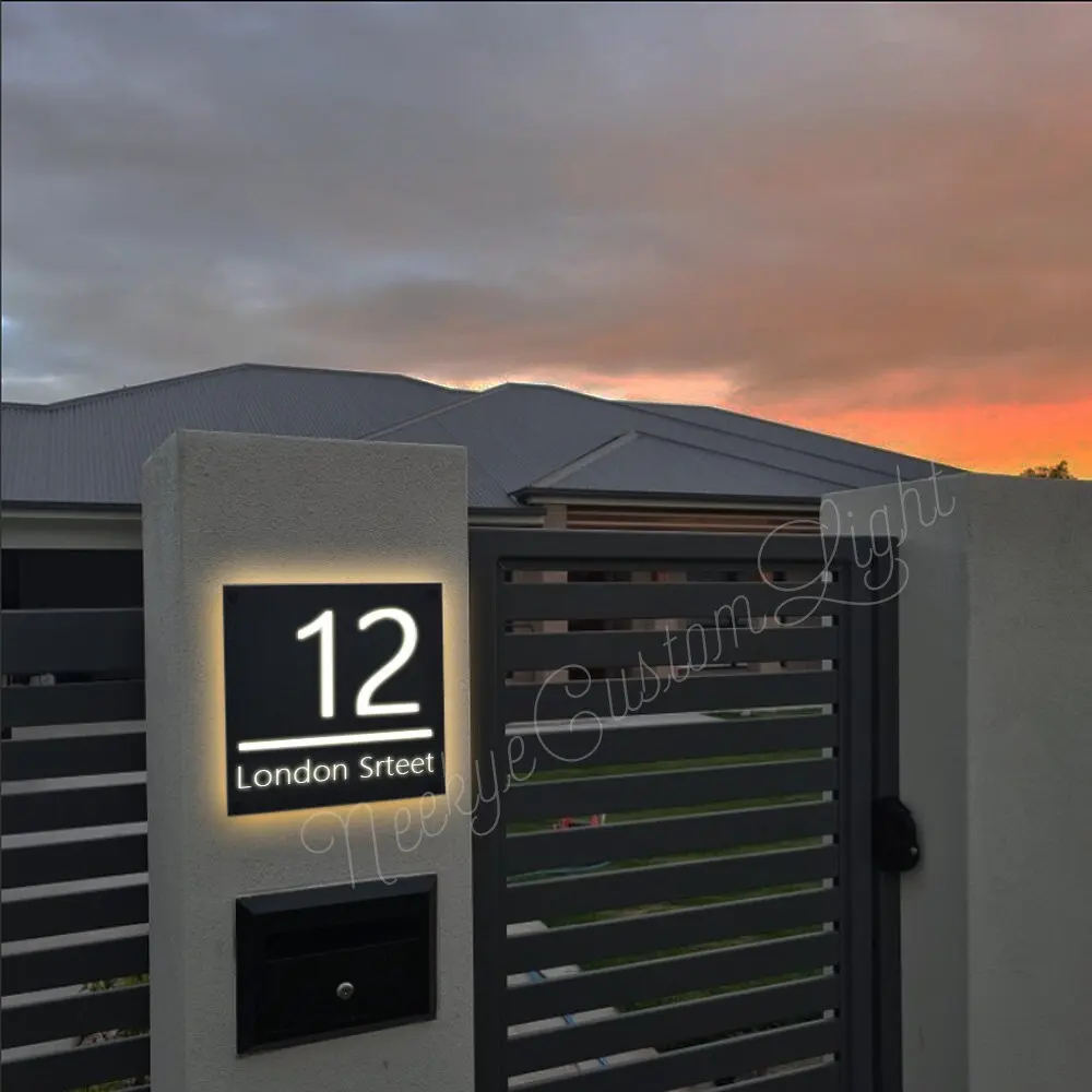 Imagem -02 - Personalizado Acrílico Casa Sinal Numérico com Luz Led Caixa Personalizada Laser Cut Modern Nome da Loja Placa Endereço Luxo Porta Placa