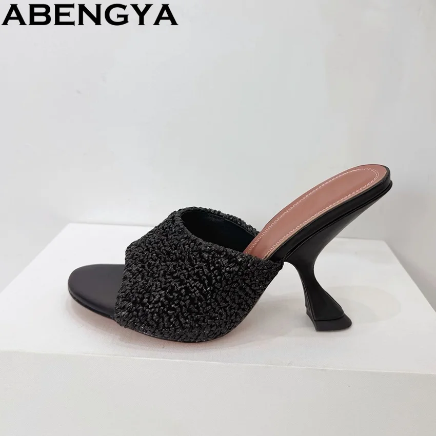 New Strange Heels Slides Weave Leather Women's Modern Slippers High Heel Party Shoes Women Gladiator Sandals Women's Slippers