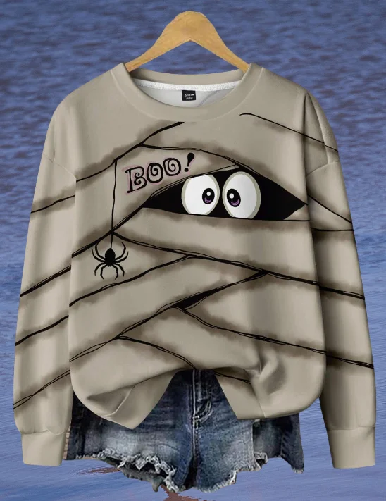 

Vintage Women's Long Sleeve T-shirts Halloween Theme Witch Pattern Streetswear Polyester Tops Casual Pullover Women's Clothing