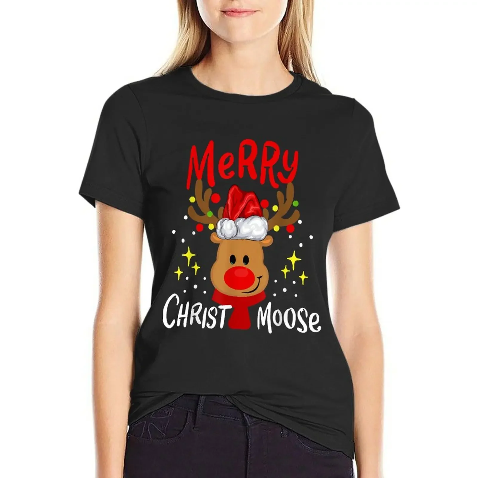 

Merry Christmas Christmoose Moose Reindeer Deer Santa Hat T-Shirt vintage clothes Women clothing