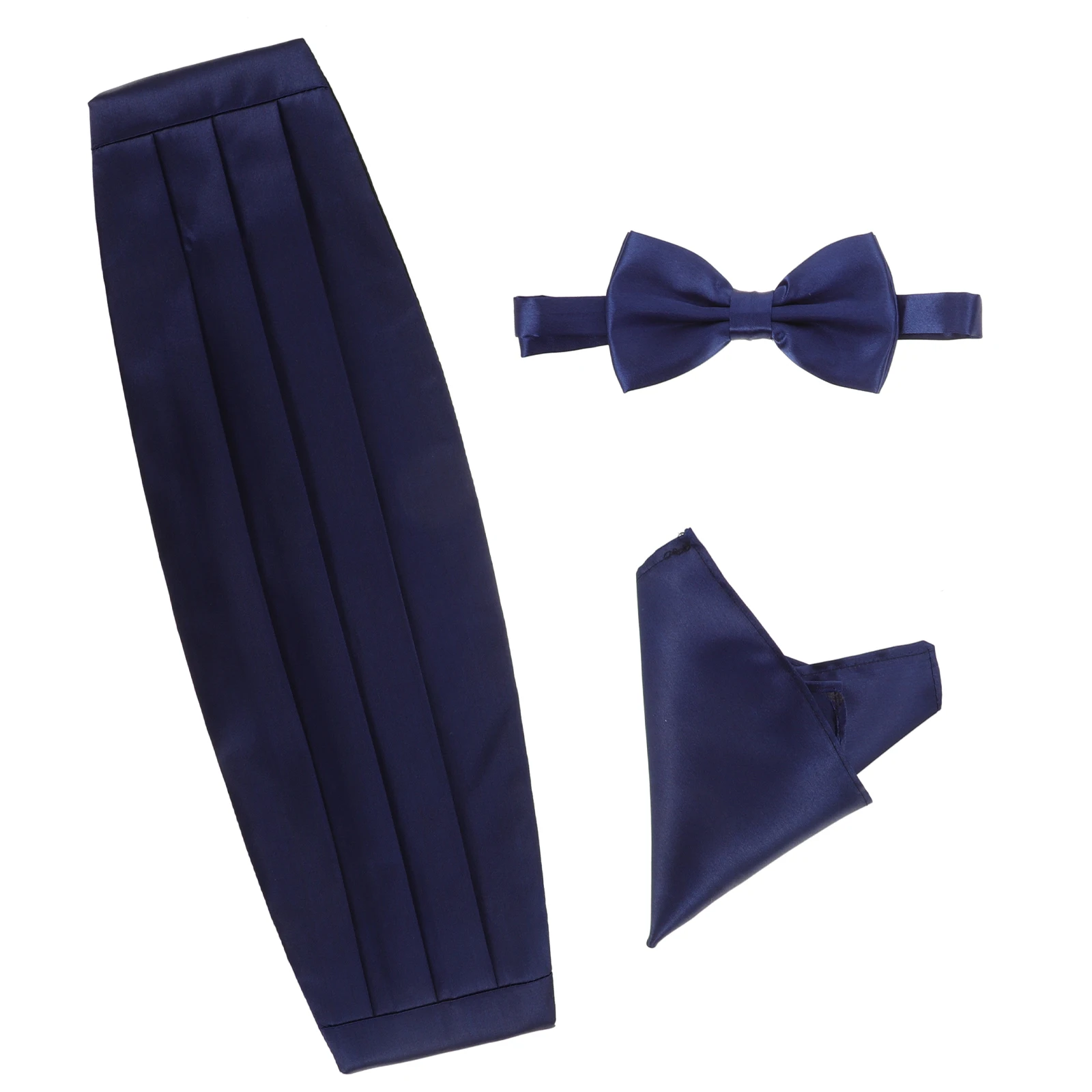 

3 Pcs Bow Tie Cummerbund Pocket Hankie Set for Formal Evening Tuxedo Made from Satin Polyester Fully Lined Silver Clip