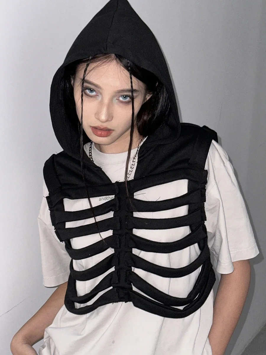 

Men Women Vest Coat Chic Sleeveless Hooded Vest Hollowed Skeleton Gilet Solid Color Hoodie Streetwear for Party Club Grunge Y2K