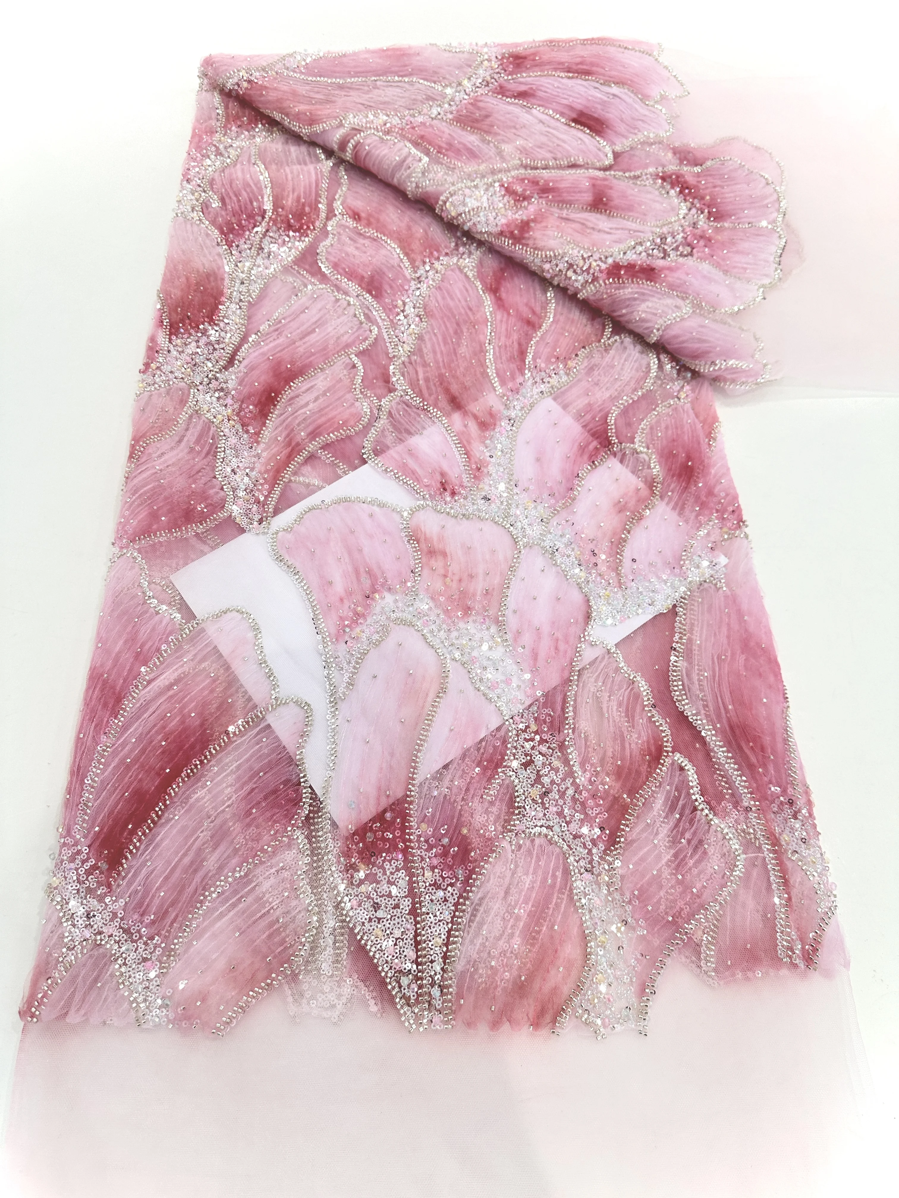 

1 ярд розовый бисер волнистый тюль с блестками кружевная ткань 3D цвета сетка для свадебного платья, бального платья