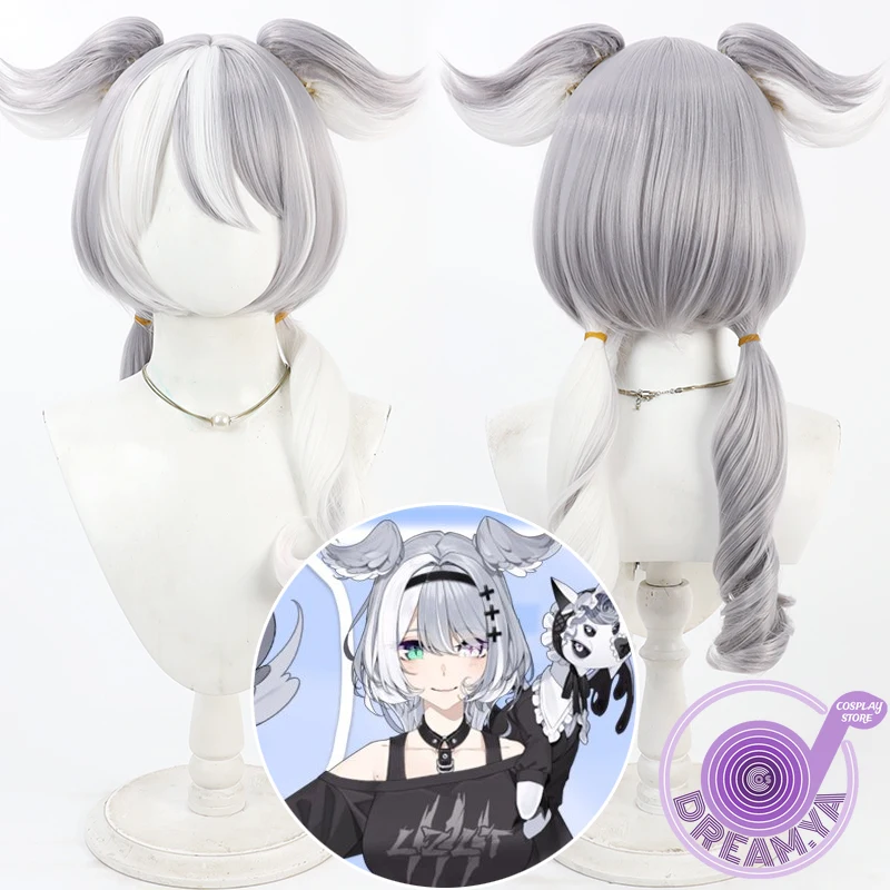 

Elira Pendora Cosplay Wig Vtuber Gray White Curly with Ears Synthetic Hair Heat Resistant Halloween Role Play Party + Wig Cap