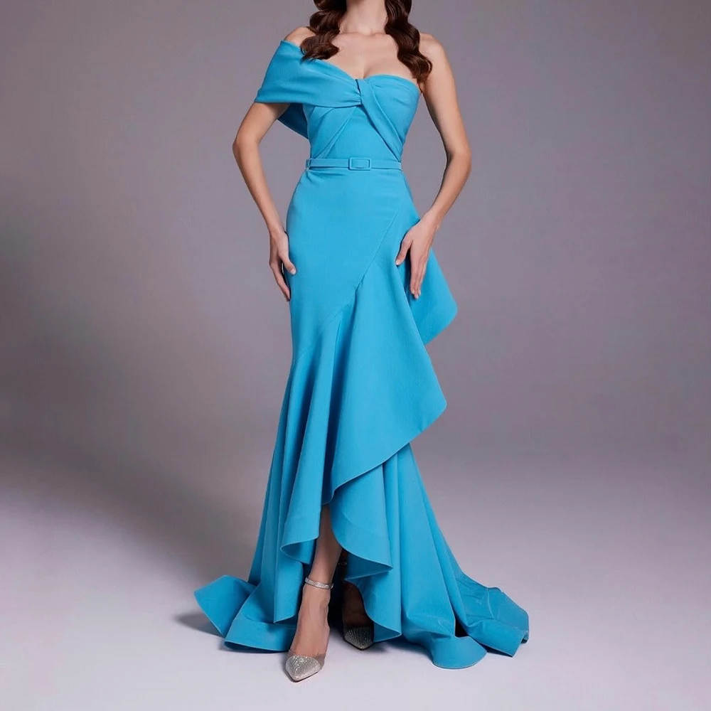 

Customized Mermaid Evening Dresses Floor-length Off The Shoulder Sleeveless Prom Gown Fashion Sashes Simple Draped Party Gown