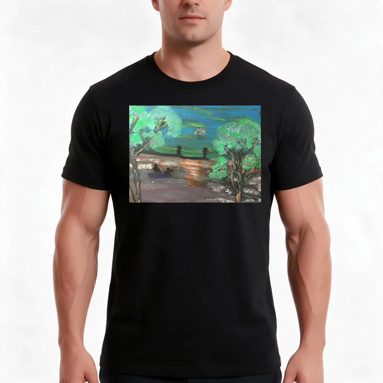 Romantic Boat Ride in the Moonlight T-Shirt, Summer Casual Cotton Tee, Oversized Streetwear Tops, Vintage Graphic Print