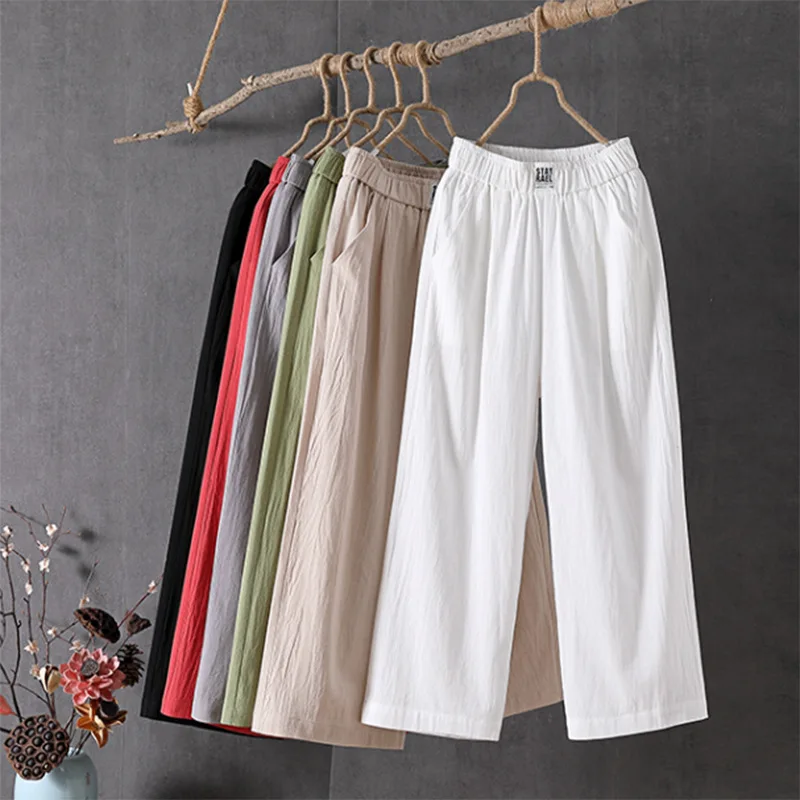 

Female 2025 High Quality Loose Trousers Summer Elastic Waist Women's Pants Casual Solid Cotton Linen Ankle Length Pants