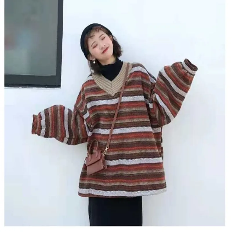 Women Vintage Striped Sweaters Autumn Winter Casual Oversize Long Sleeve Knitted Sweater Unisex Couples Hip Hop Pullovers Tops