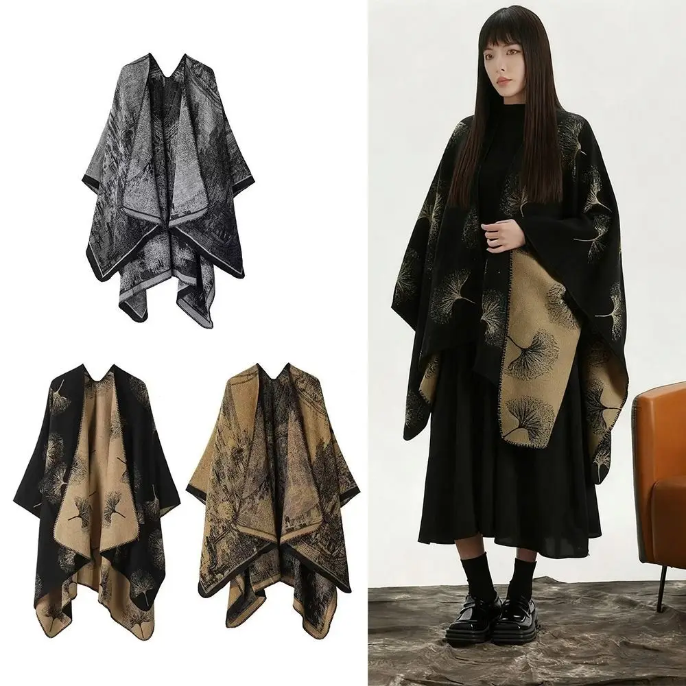 

Loose Fit Knitted Pullover Cape Thick Elegant Style Women Cloak Warm Fabric Double Sided Print Tie Dye Cape Lady Outerwear