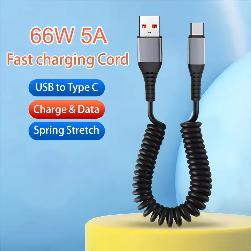 Car Spring Data Cord 5A Short Fast Charging Wire USB C TO USB C Cable For iPhone 17 16 15 Huawei Xiaomi Samsung Type c Cable