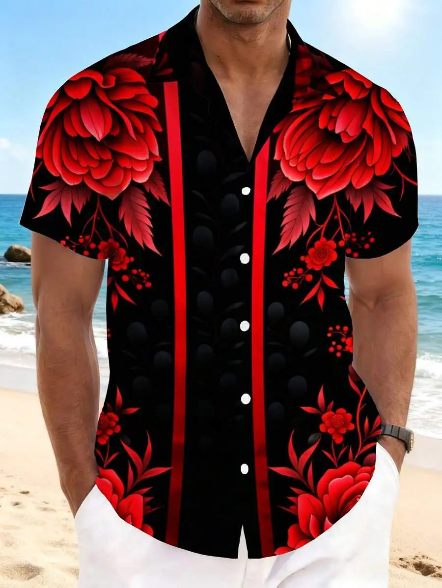 

Mens Short Sleeve Hawaiian Shirt Red Floral Pattern 3D Print Casual Beach Vacation Wear