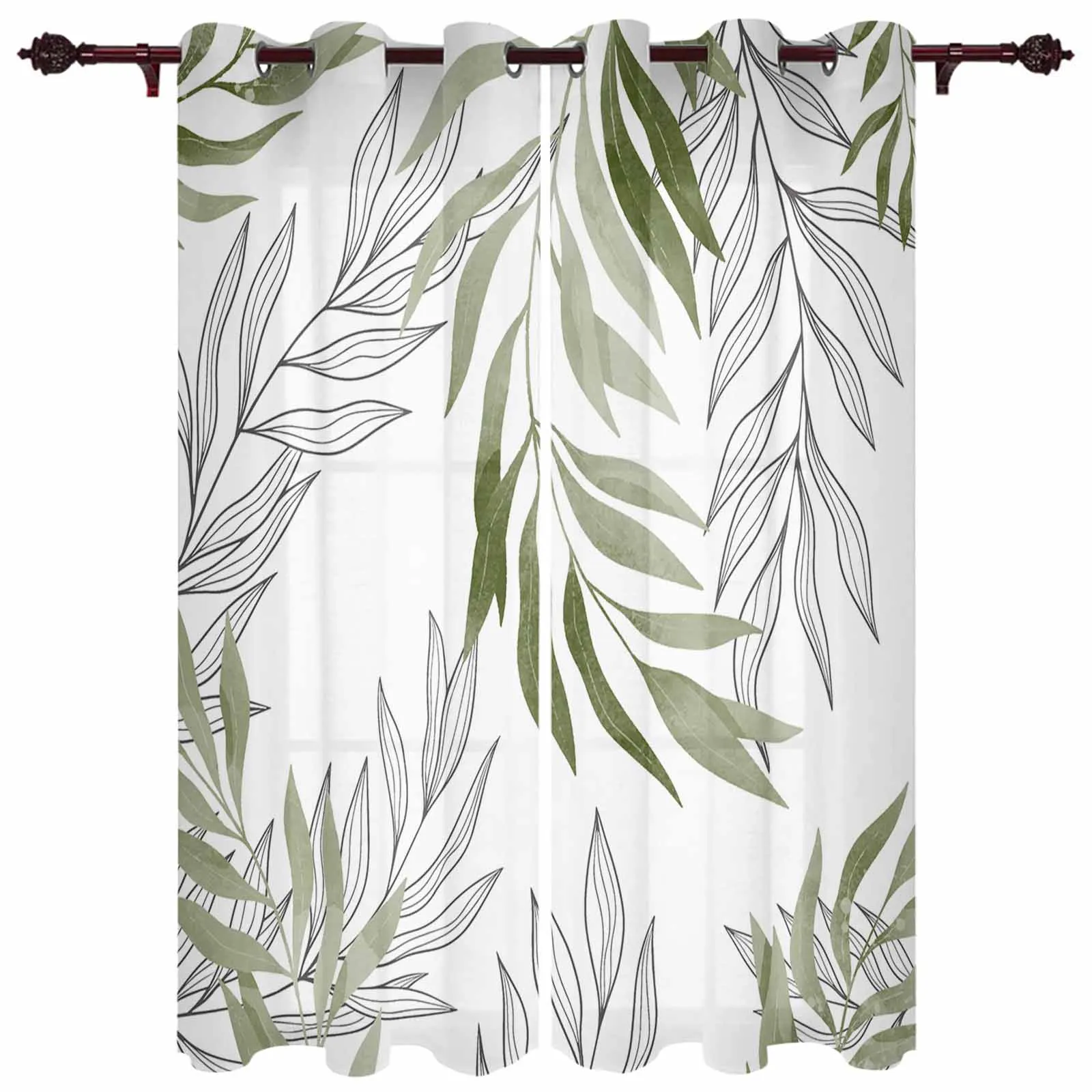 Willow Leaf Line Sage Green Modern Hall Curtains for Living Room Bedroom Window Curtains Panels Drapes