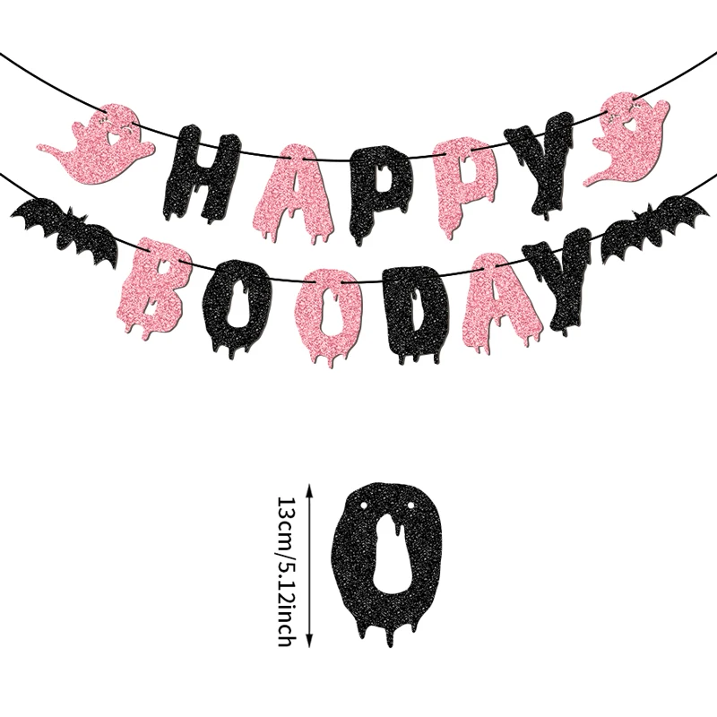 YOMDID Glitzer-Geburtstagsbanner „Happy Boo Day“ Partybanner mit Glückswünschen, Halloween-Geister und Fledermäusen, Geburtstagsdekorationen – Detail 4