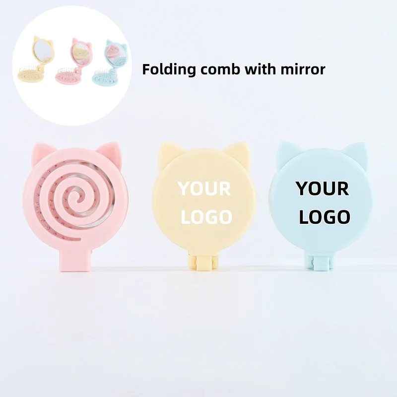 【Logo Custom】50Pcs Customized Folding Cat Shaped Mirror Comb Integrated Adaptation Enterprise Customization Factory Wholesale