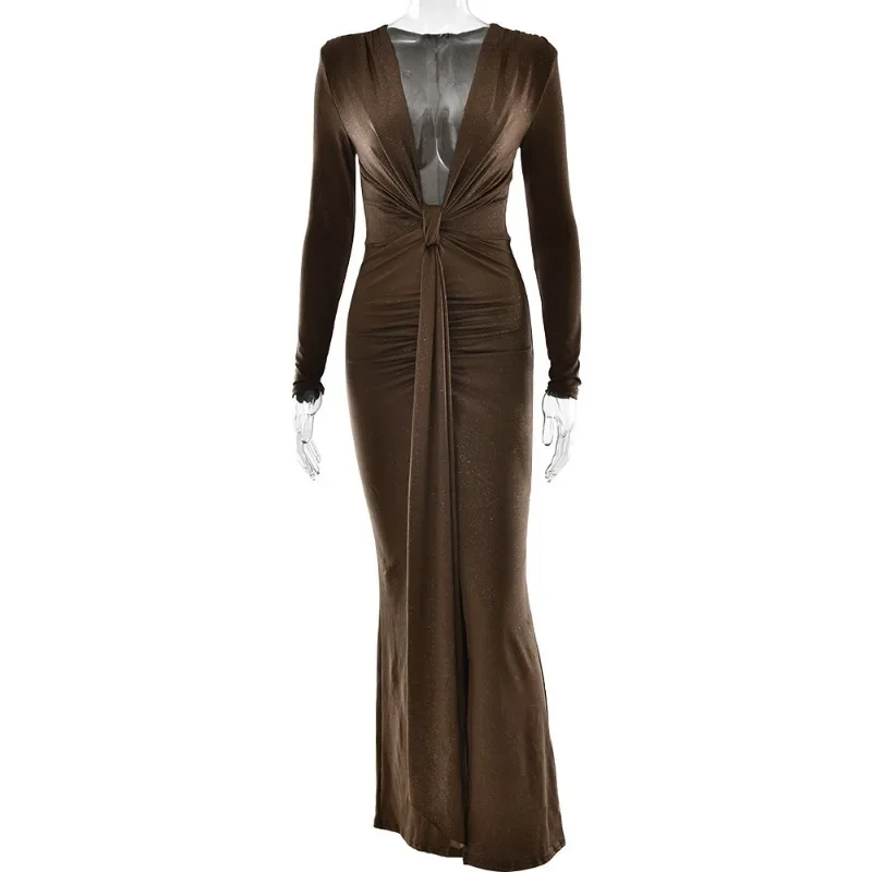 الربيع والصيف موضة مثير العميق الخامس الرقبة الشريط فستان طويل 2025 جديد فتاة حار شق سليم صالح فستان النمط الأوروبي والأمريكي