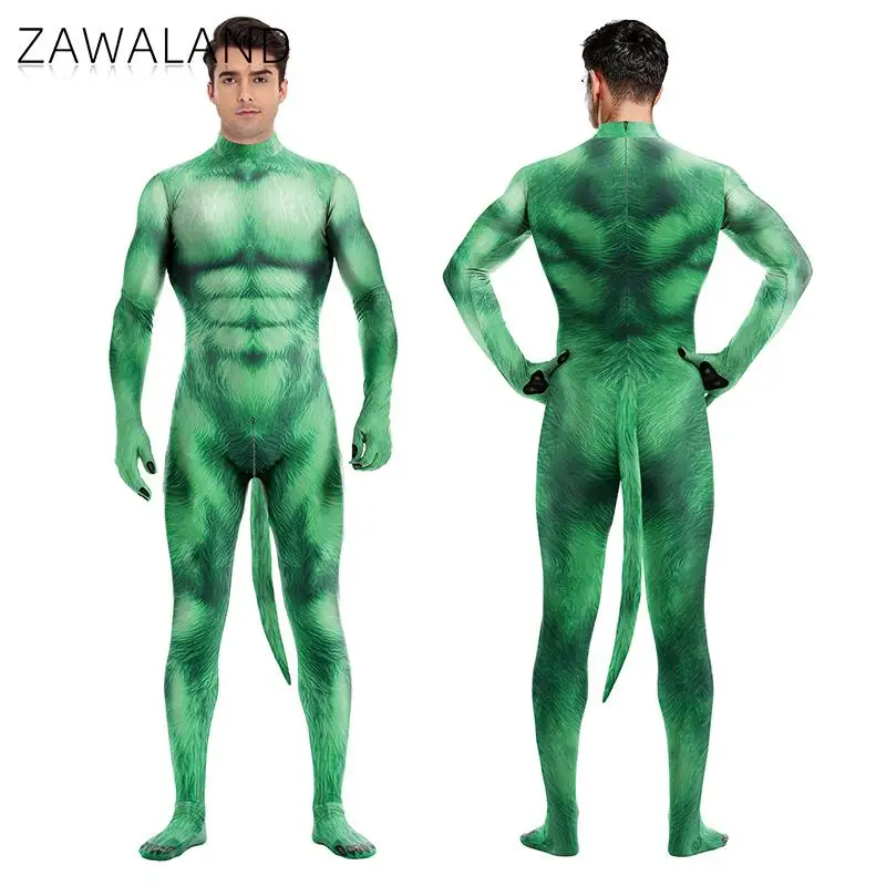 Petsuit Zawaland Verde com Cauda de Cachorro para Homens Traje Cosplay Engraçado Macacão Festival Fato Zentai Cobertura Completa Roupas de Festa de Halloween